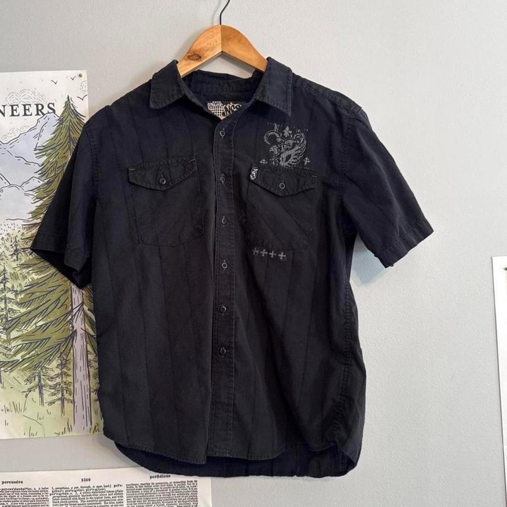 Y2K NSS Black Gothic Embroidered Short Sleeve Button Up Shirt